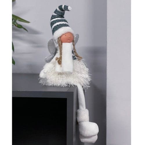 Siddende julefe-dekoration 32 cm hvid/mørkegrøn med glitrende vinger