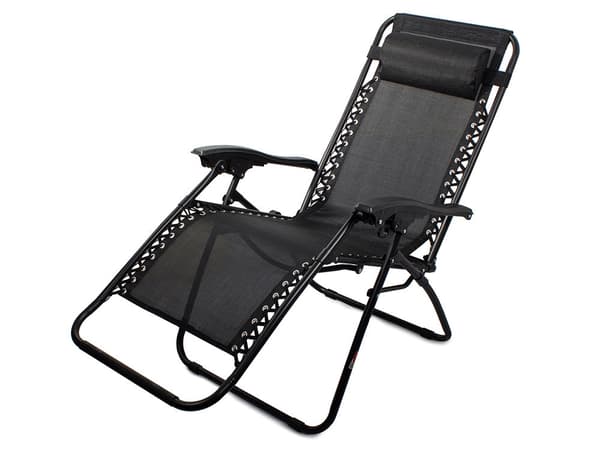 Sammenklappelig zero gravity-solstol med sidebord og nakkestøtte sort