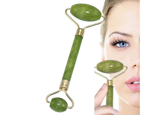 Jade-roller kasvohierontalaite jadikivestä 2 rullaa vihreä-kulta 14 cm