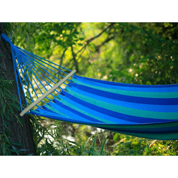 Hängmatta med trästavar randig bomull/polyester 200x80 cm + 2 rep