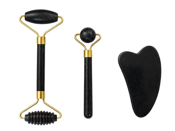Ansigtsmassage-sæt jade 3-i-1 roller kuglemassager Gua Sha sort