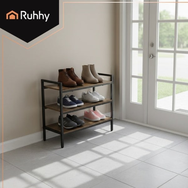 Skohylde 3 plan loftstil metal/MDF sort 79x30x58,5 cm