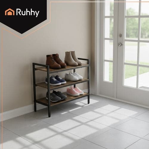 Skohylla 3 plan loftstil metall/MDF svart 79x30x58,5 cm