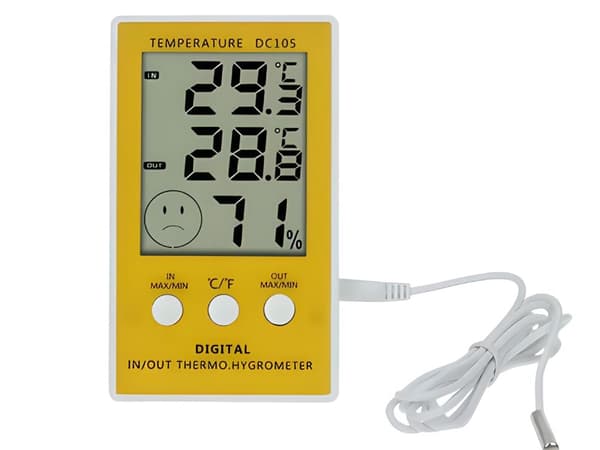 Digital termometer/hygrometer med ekstern probe -50 til 90°C gul/hvid