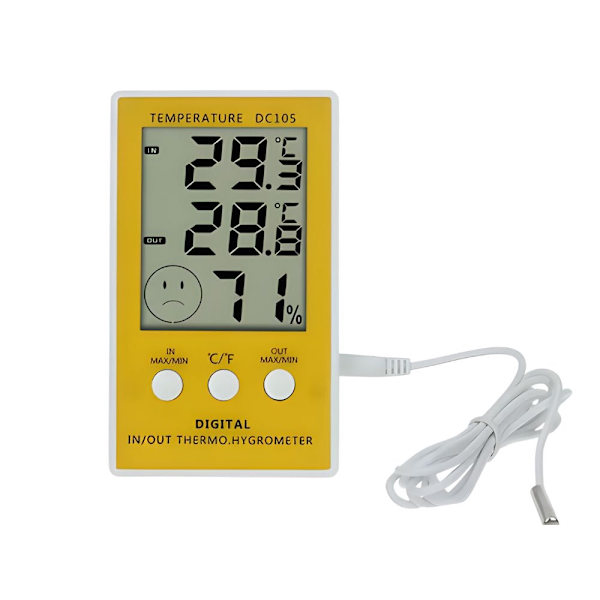 Digital termometer/hygrometer med extern probe -50 till 90°C gul/vit