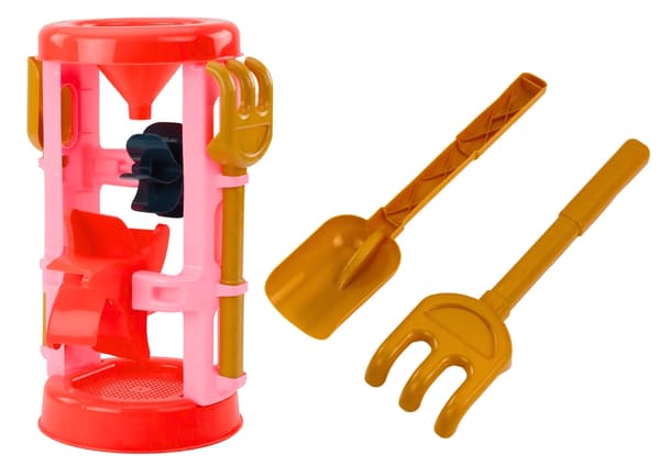 Sandlegetøjsset med sandkværn, spade, rive & 3 slotteforme 3+