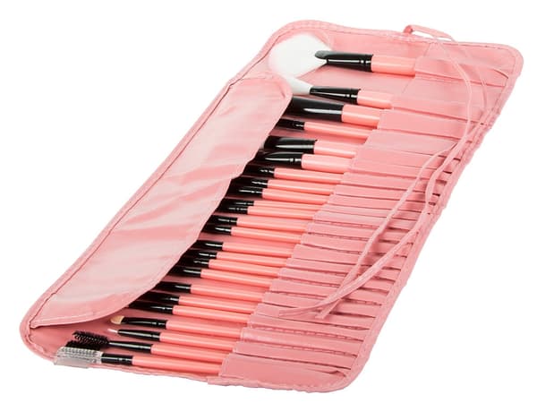 Makeuppenselsæt 24 dele syntetiske børster rosa/sort med etui