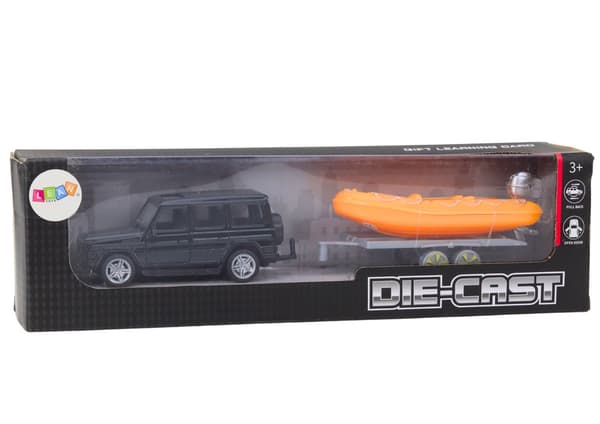 Legetøjsbil off-road med trailer og båd sort/orange 17 cm