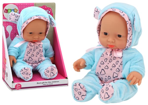 Dukke 21 cm med bevægelige led, blå outfit med hjerter, 3+ år