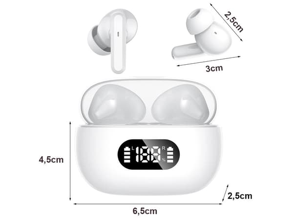 Bluetooth in-ear hovedtelefoner hvide med LED-opladningsetui og mikrofon