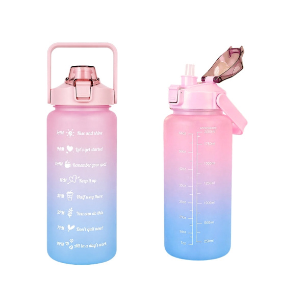 Vattenflaska 2 liter med sugrör och måttskala rosa/blå