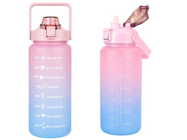 Vesipullo 2 liter pillillä ja mitta-asteikolla, vaaleanpunainen/sininen