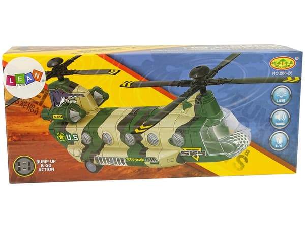 Militær legetøjshelikopter 30 cm med lys og lyd, camouflage, 3+ år