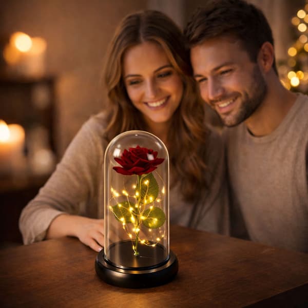 Evig röd ros i glaskupa med 20 varmvita LED, 21 cm, presentask