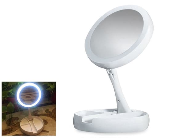 Makeupspejl med LED-belysning 1x/10x 180° rotation, spejl Ø12,5 cm