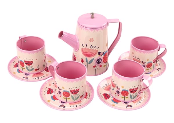 Kaffeservice legetøj 12 dele rosa med bakke, tekande og kopper 3+