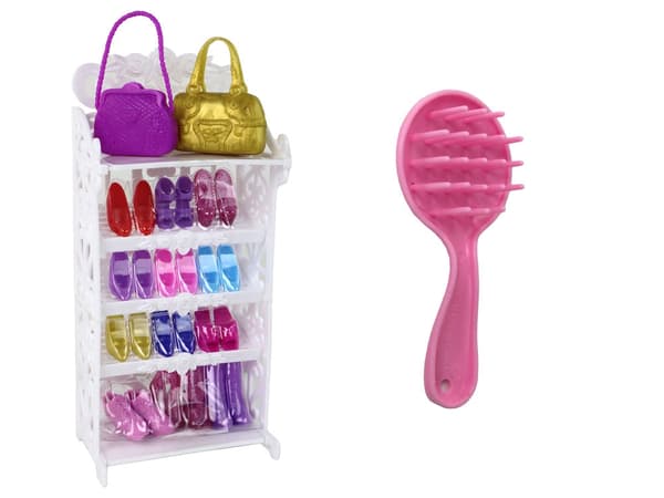 Modedukke 30 cm med garderobe, 5 kjoler og 12 par sko