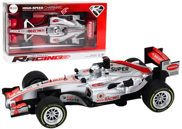 Racerbil leksak 46 cm silver 1:9 med ljus/ljud och pull-back