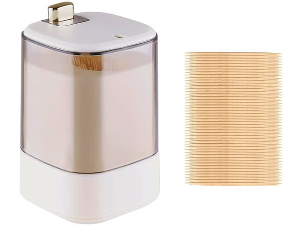 Tandpetshållare med automatisk dispenser och tryckknapp vit