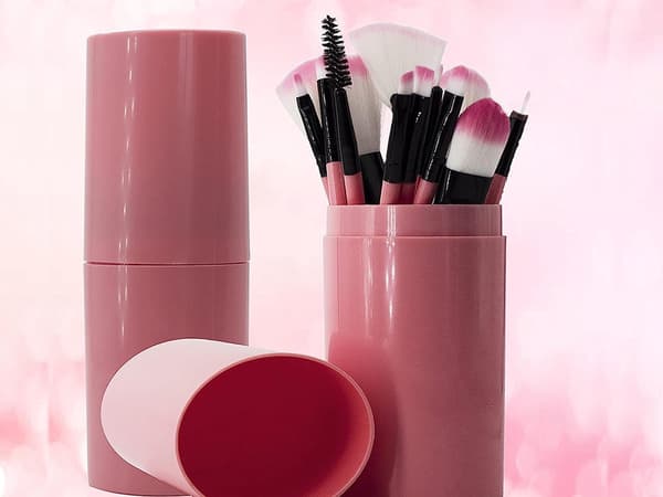 Makeupbørstesæt 12 dele med etui rosa syntetiske børstehår