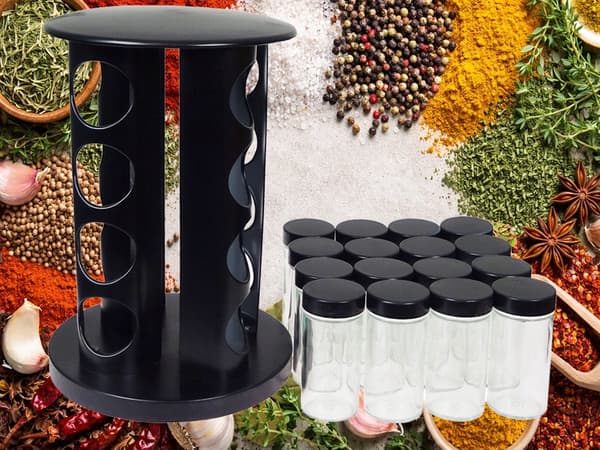 Roterende krydderistativ 12 glasbeholdere 80 ml mat sort 360°