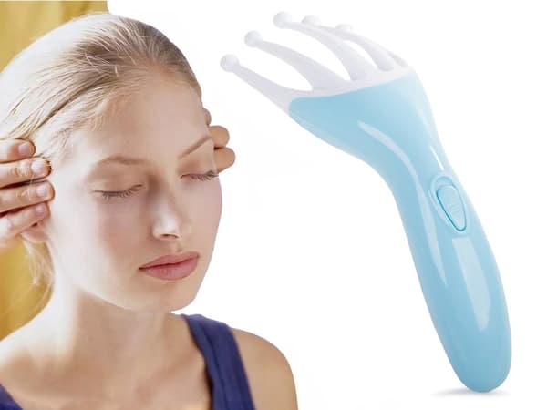 Hovedmassageapparat til hovedbund med vibration, metalkugler, blå/rosa