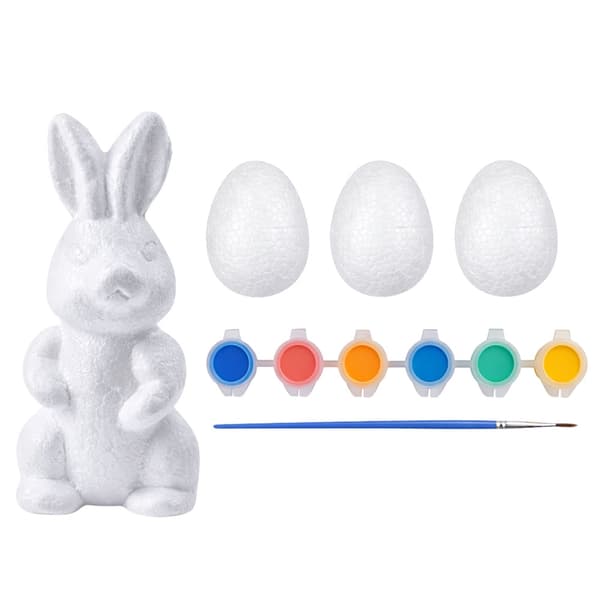 Påskmålarset styrofoamägg 3-pack + kaninfigur, 6 färger & pensel