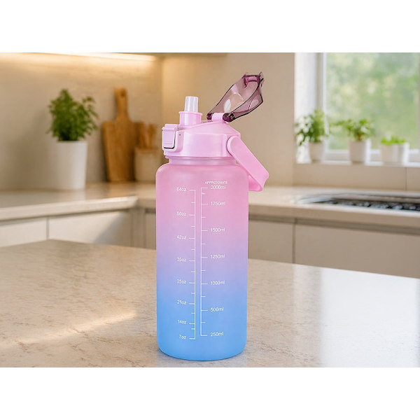 Vattenflaska 2 liter med sugrör och måttskala rosa/blå