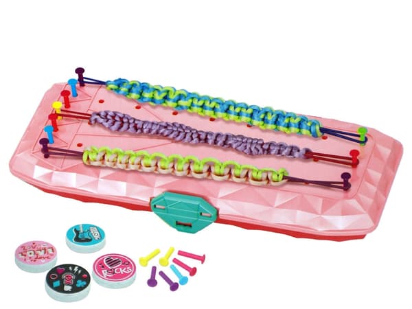 Armbåndsfremstillingssæt med perler og gummibånd i rosa låda