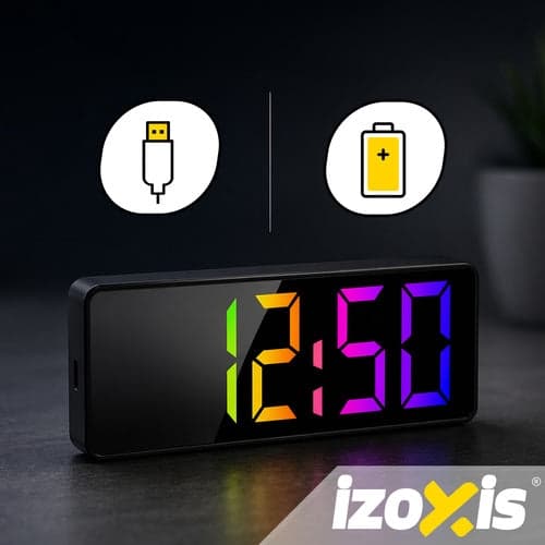 LED väckarklocka med färgdisplay, tid/datum/temperatur, USB/AAA