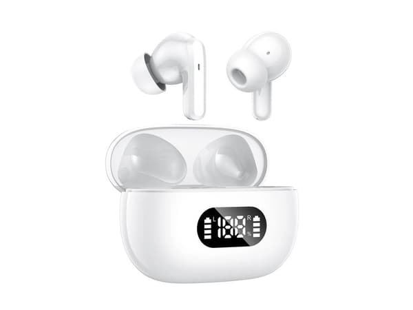 Bluetooth in-ear hovedtelefoner hvide med LED-opladningsetui og mikrofon