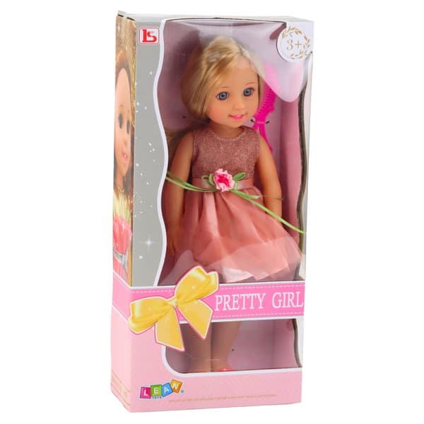 Docka 38 cm med kam, blondt hår, rosa klänning, rörliga armar/ben