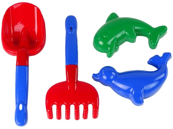 Sandset til børn 4 dele – spade, rive, delfin- og sælform