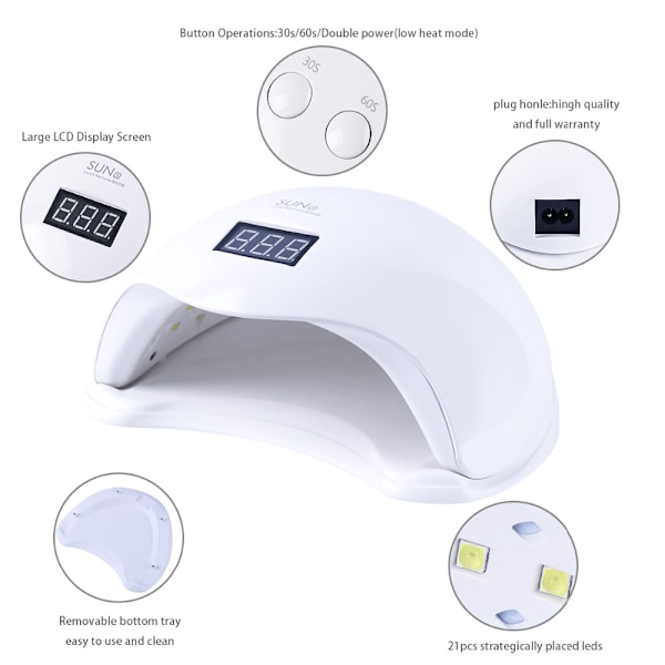 UV/LED nagellampa 48W med sensor och timer 10/30/60s vit Vit