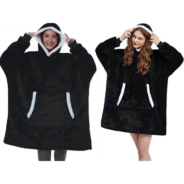 Fleecetröja med huva teddyfoder svart one size oversize XXL