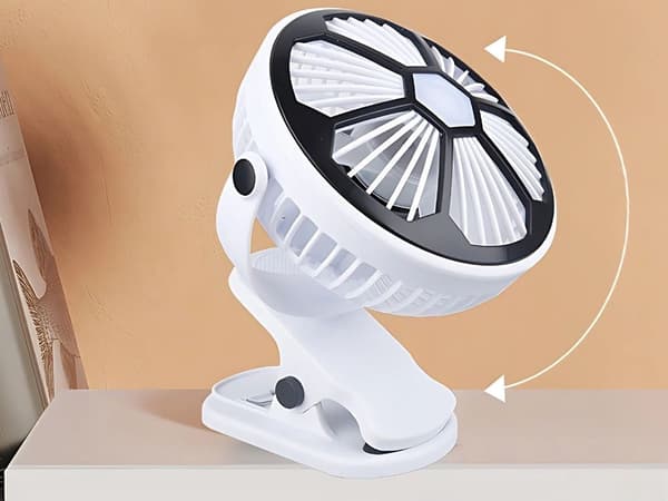 Genopladelig bordventilator med klemme og LED-lys 19 cm