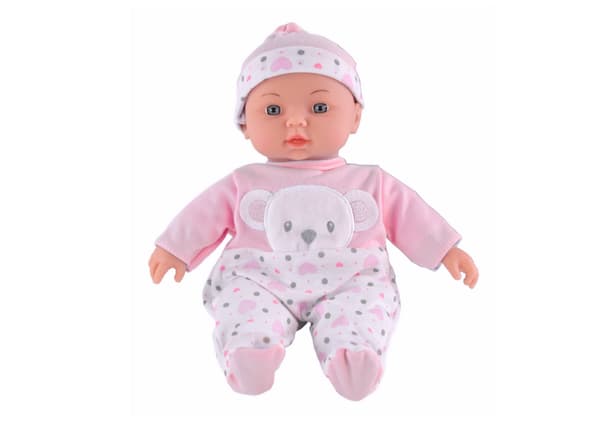 Babydukke 30 cm med lydfunktion, lyserød pyjamas og bamsehue