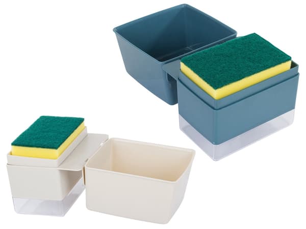 Opvaskemiddeldispenser 250 ml med svamp og drypbakke farvemix