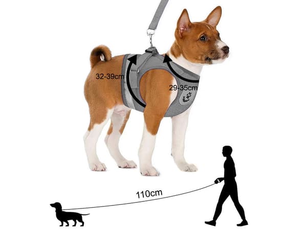 Trykfri hundesele med snor 110 cm refleks justerbar M grå