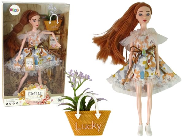 Docka Emily 30 cm med väska och blommor, rött hår