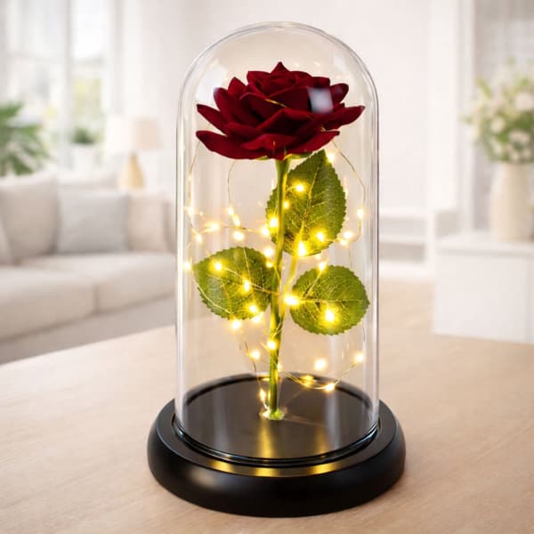 Evig röd ros i glaskupa med 20 varmvita LED, 21 cm, presentask