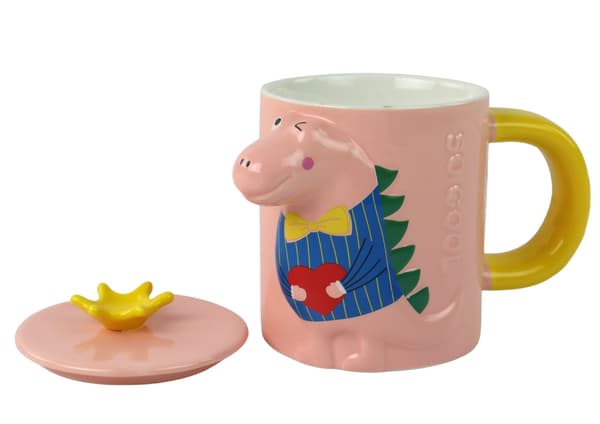 Glasmugg med teinfuser 400 ml rosa, dinosauriemotiv, lock och sked