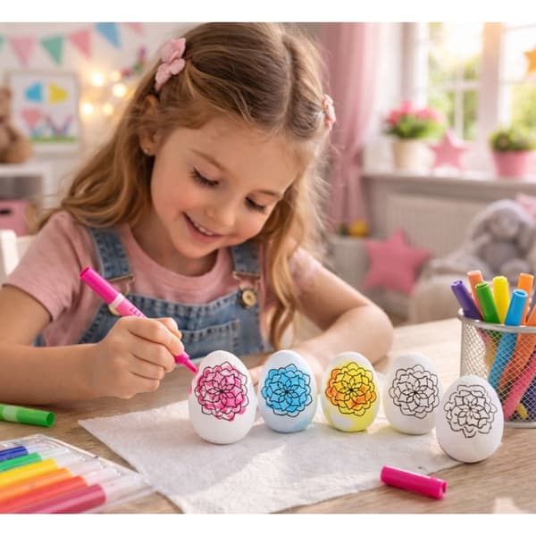 Pysselset styrofoamägg med hönsdesign 6-pack + 6 färgmarkörer