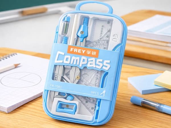 Geometrisæt 9 dele med passer lineal gradskive etui blå