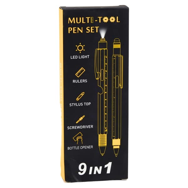 Multifunktionspenna 9-i-1 med LED, skruvmejslar, 2-pack + refiller