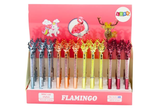 Kuglepen med hjortefigur og glimmerkrystaller, sort blæk, 48-pack