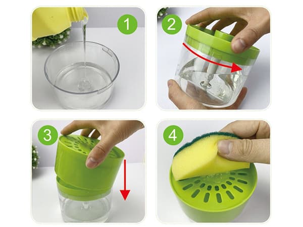 Sæbedispenser med opvaskesvamp 500 ml grøn plast 12x11 cm