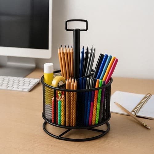 Skrivebordsholder roterende 360° 4 rum sort metal 26,5x19 cm