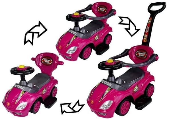 3-in-1 ajettava auto lapsille, vaaleanpunainen