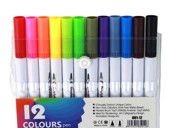 Dobbelt-sidede tuschpenne 12-pack med plastorganisator, CE EN71